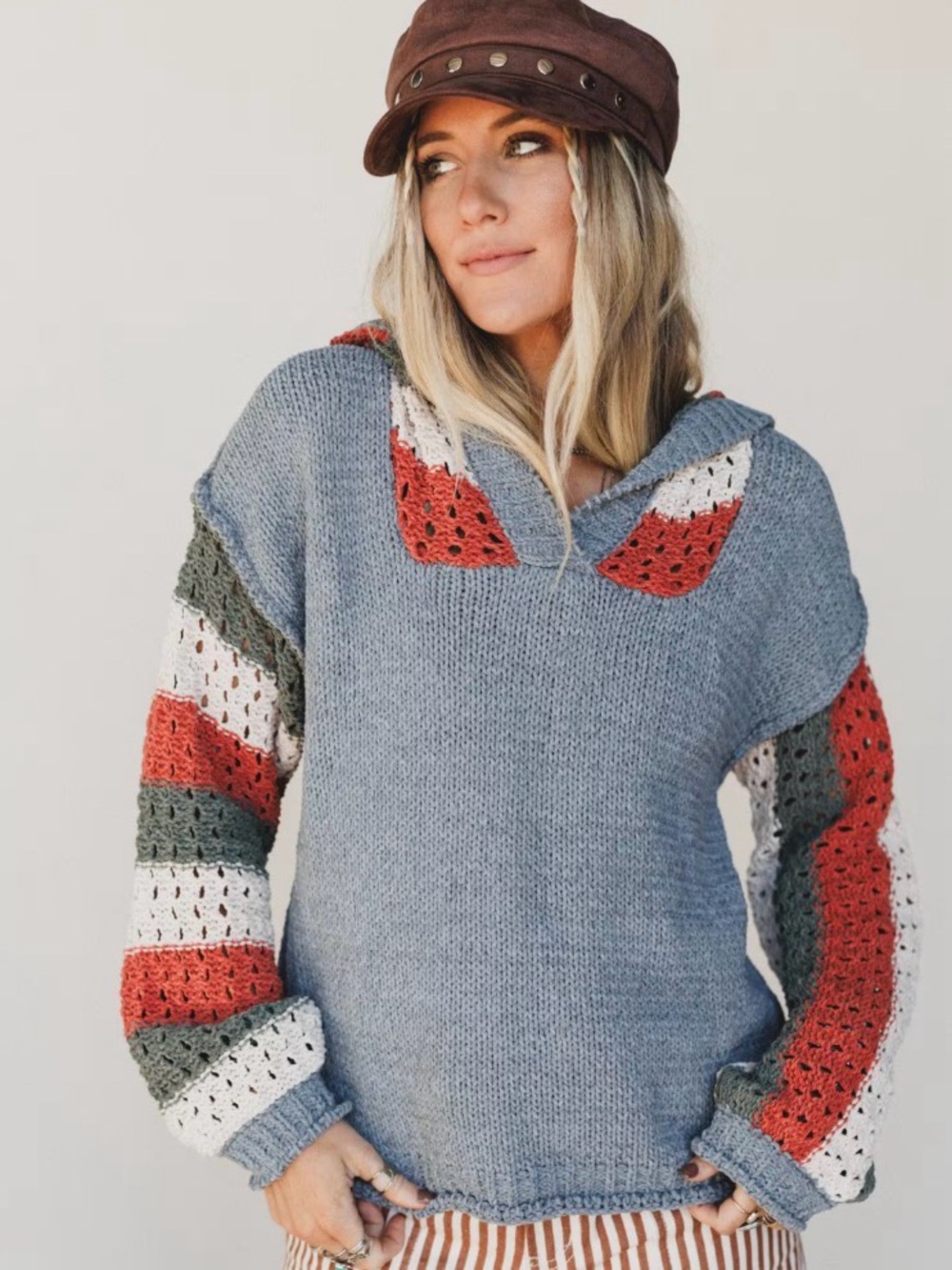 Three Bird Nest Groovy Somewhere 
Cozy Hooded Knit Sweater Colorblock Stripes